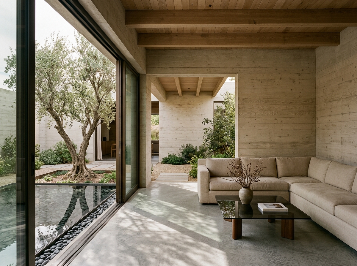 The Courtyard House with pocket glass doors opening onto an interior courtyard with olive tree