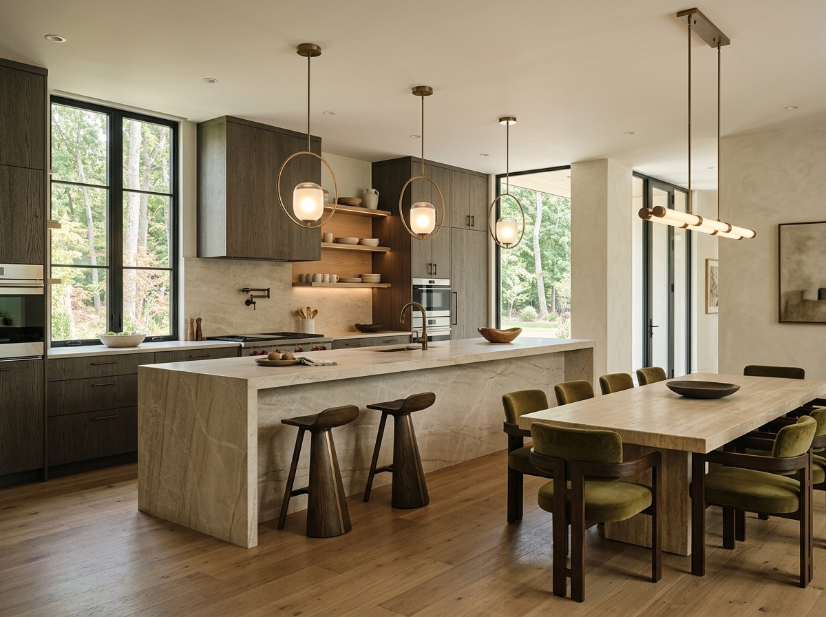 Earth & Oak contemporary kitchen and dining space with quartzite island and olive velvet seating