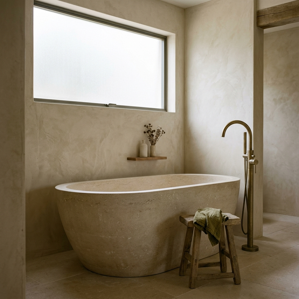 Minimalist limestone freestanding soaking tub with unlacquered brass mixer