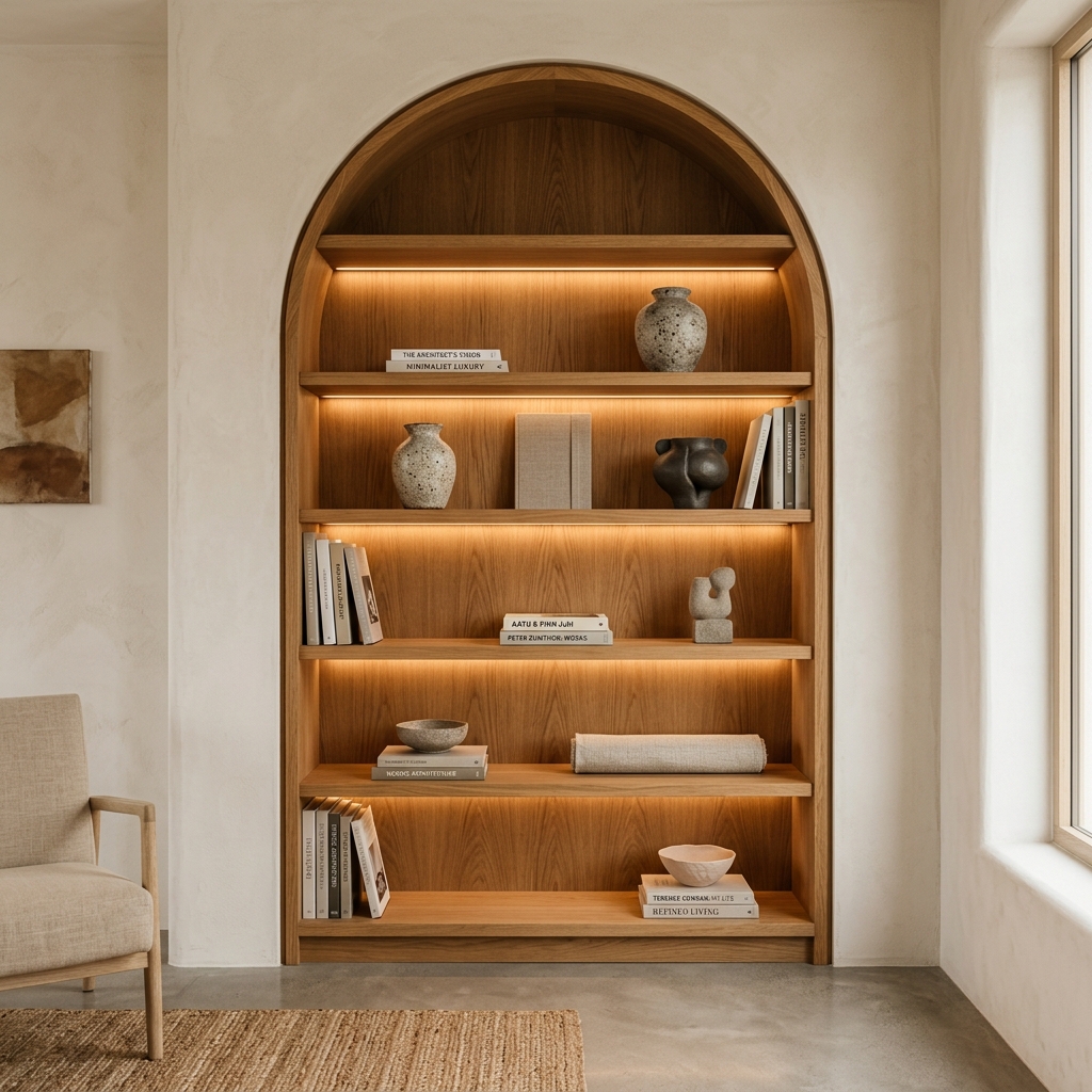 Architectural arched oak alcove shelving with warm indirect illumination