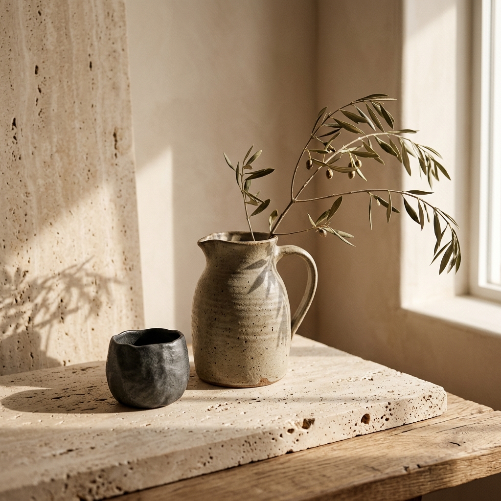 Tactile stoneware pitcher and travertine stone shelf with olive branch