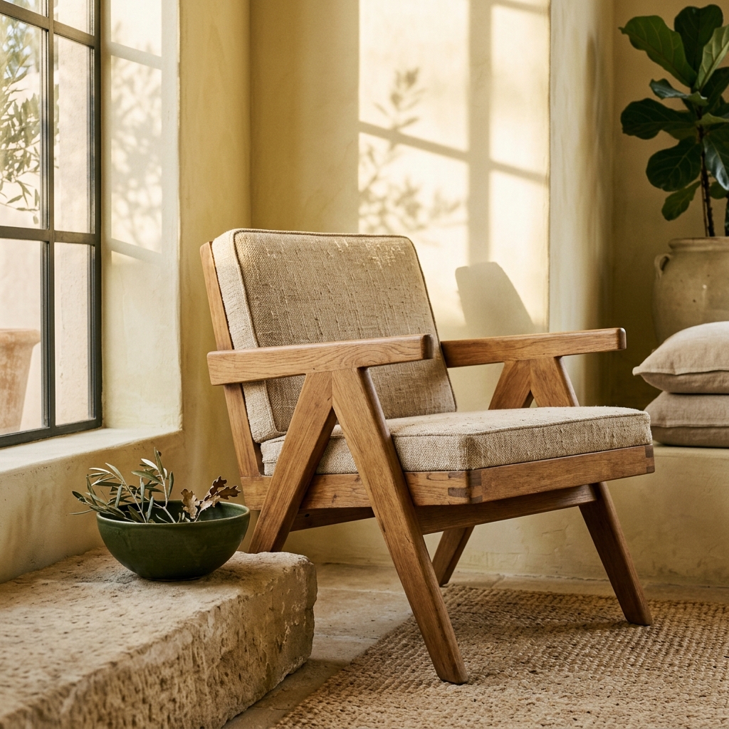 Sculptural oak and textured linen lounge chair in sunlit nook