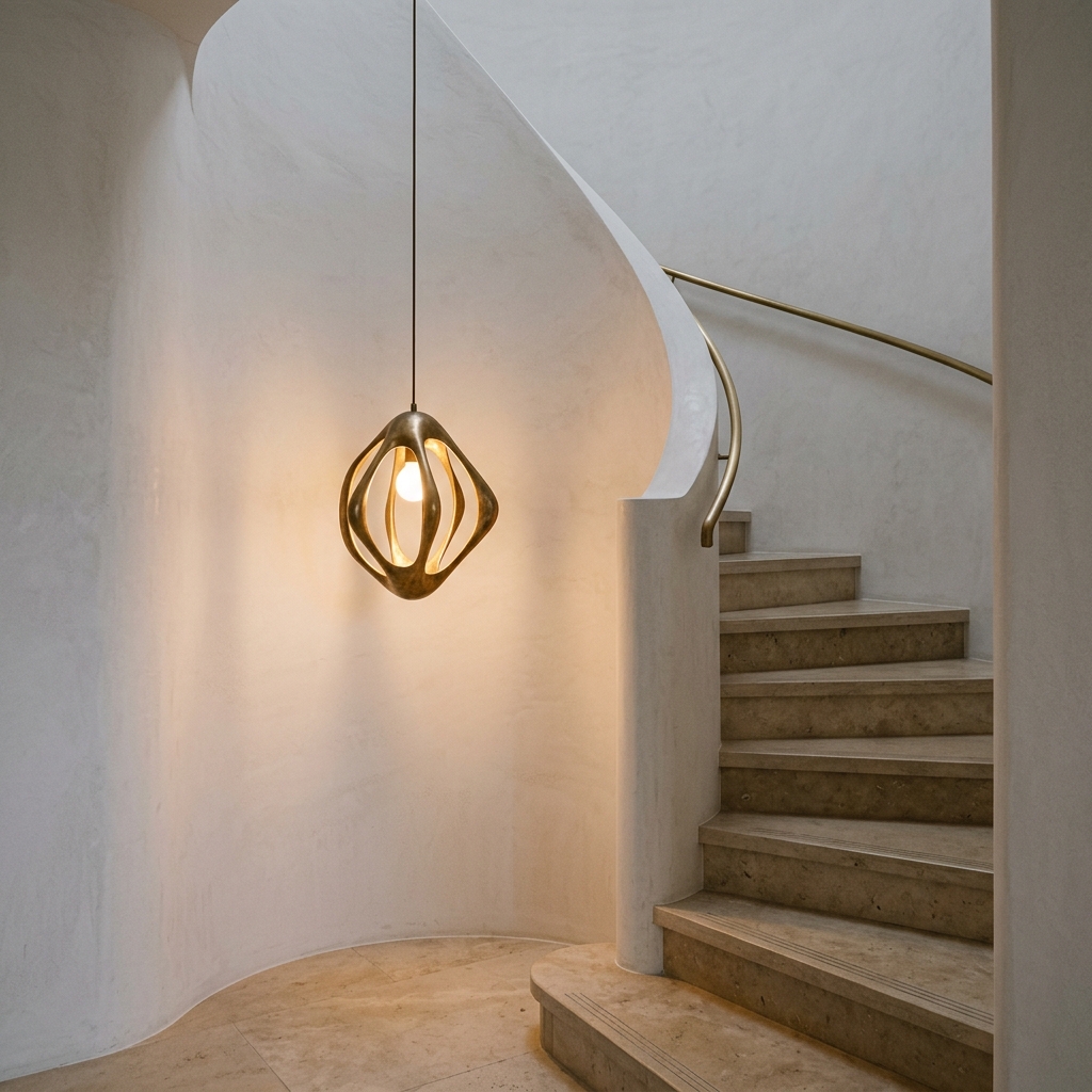 Sculptural brass pendant lamp illuminating curved plaster staircase wall