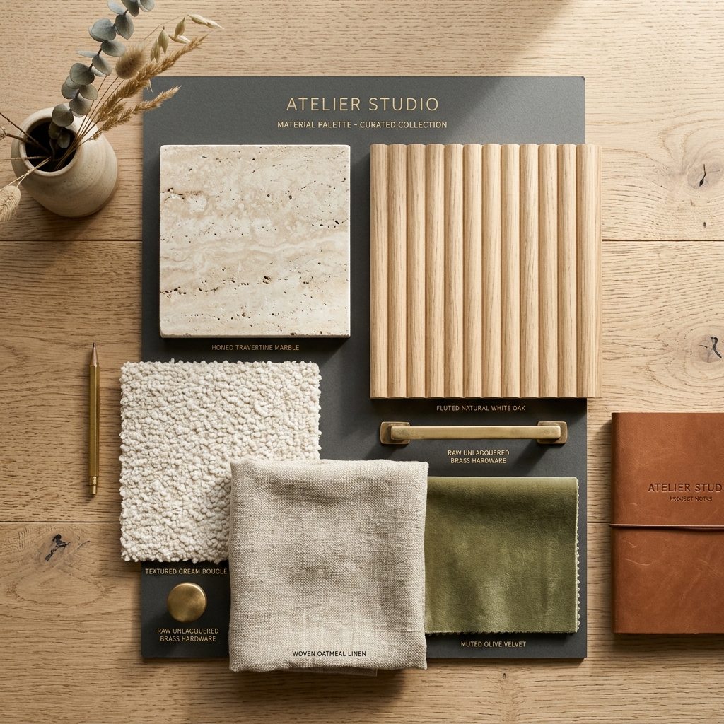 Curated Laibix Interio material palette flatlay with fluted oak, travertine, bouclé, and olive velvet