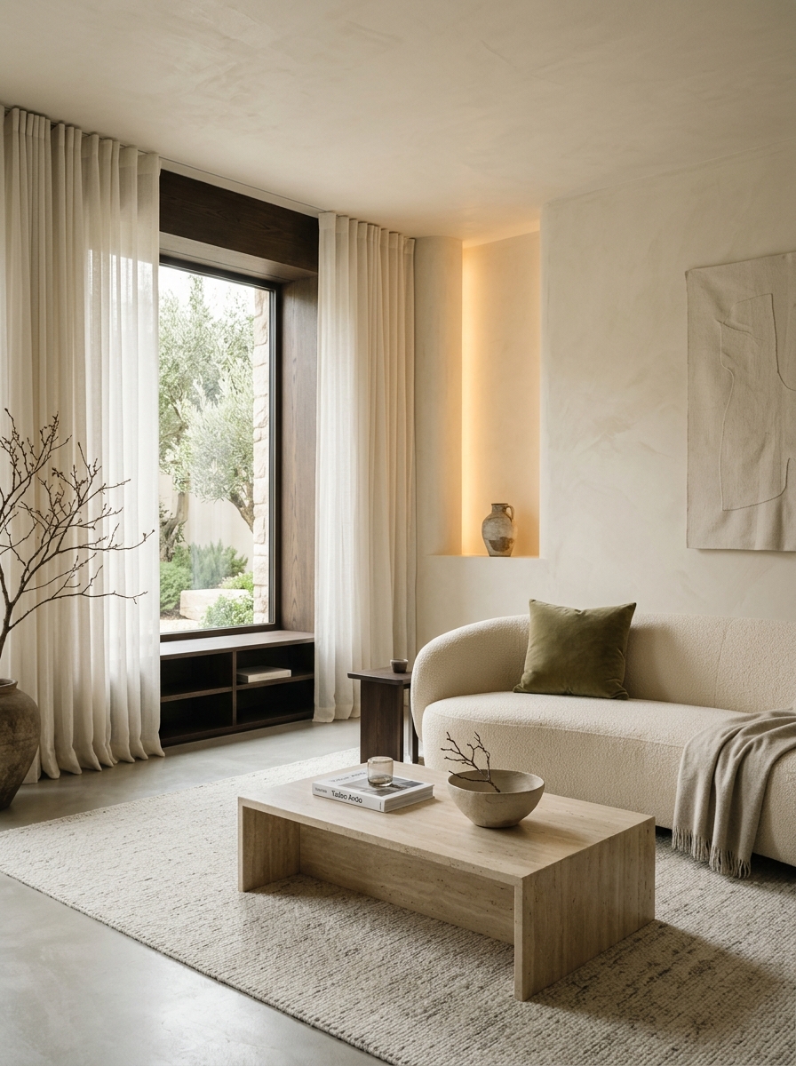 Architectural minimalist living room by Laibix Interio with curved bouclé sofa, travertine coffee table, illuminated niche, and garden window