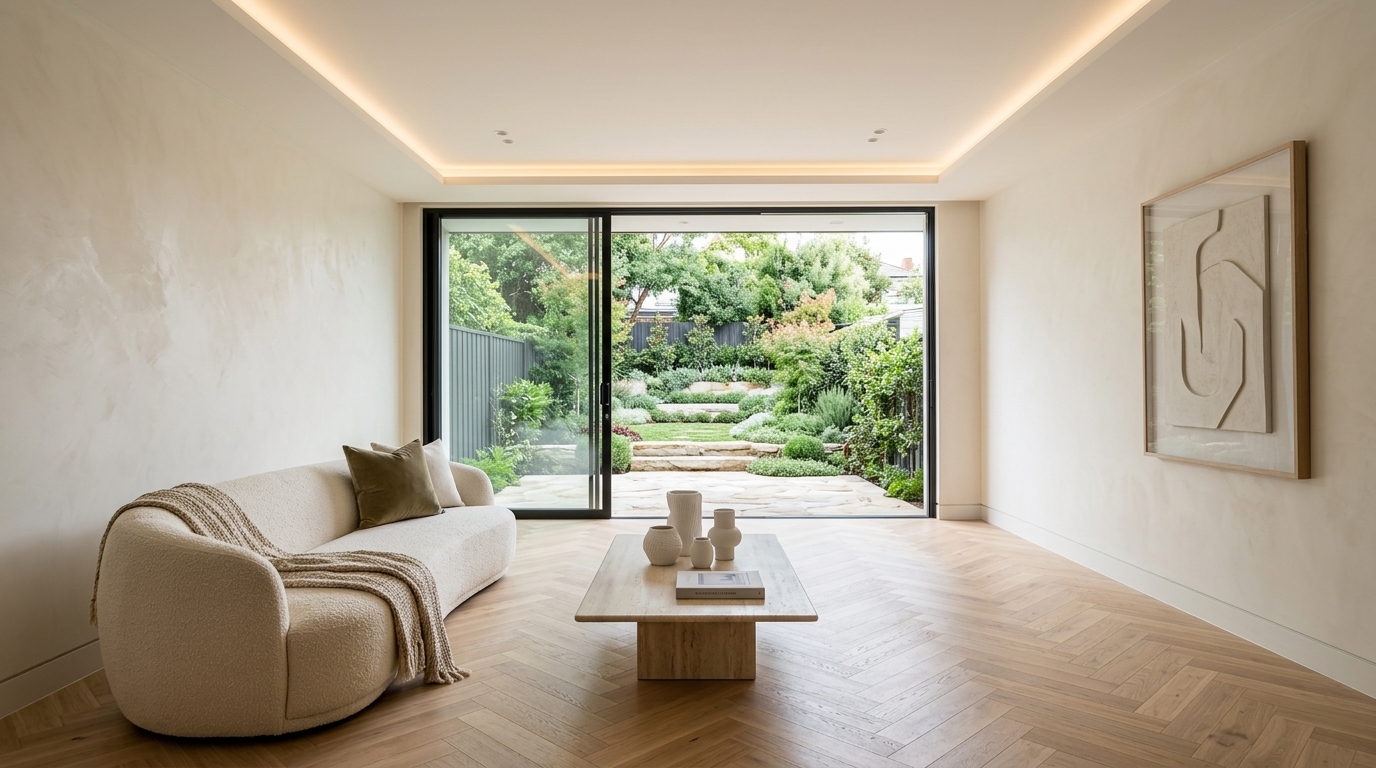 Transformed living room by Laibix Interio with microcement walls, herringbone floor, and floor to ceiling garden slider