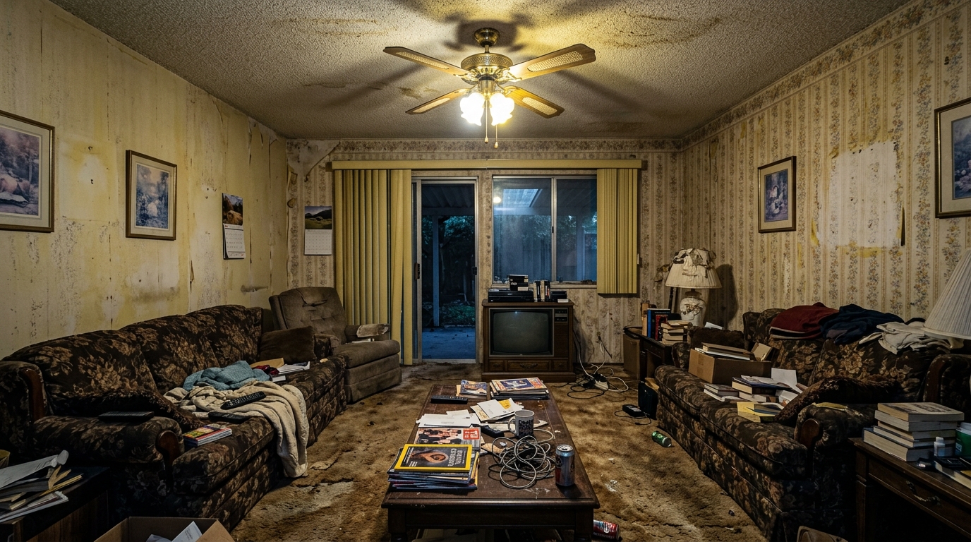 Original dated living room before renovation with dark furniture and aged wallpaper