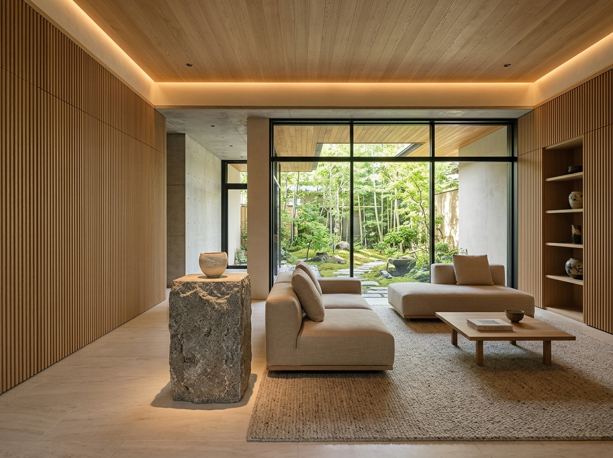 The Quiet Residence living room featuring fluted oak paneling, low beige sofa, and courtyard view