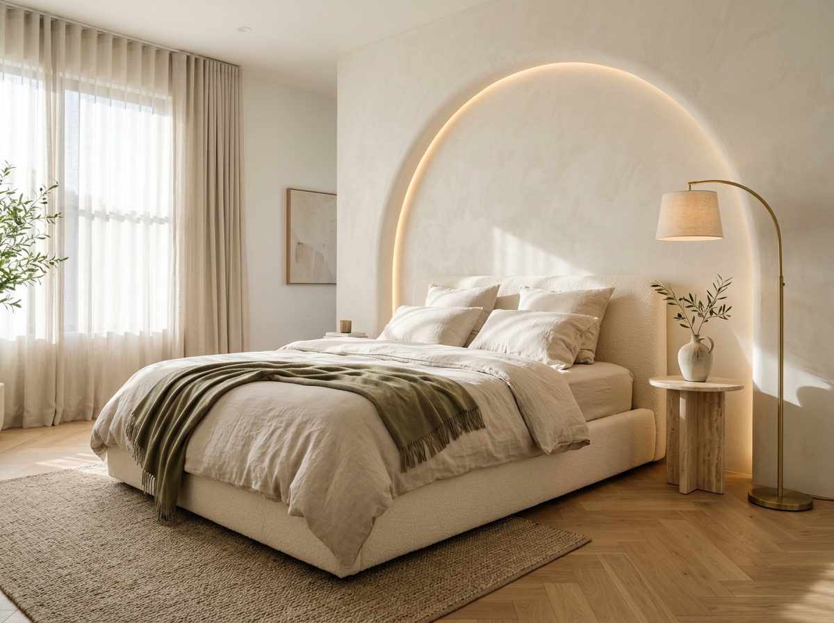 The Soft Minimalist primary bedroom suite with curved illuminated plaster arch headboard
